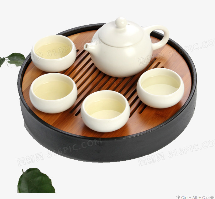 6件套陶瓷茶具组合4杯+1壶+竹盘托盘套装