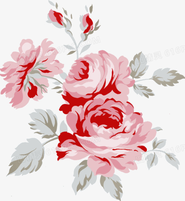 手绘中式玫瑰花朵植物