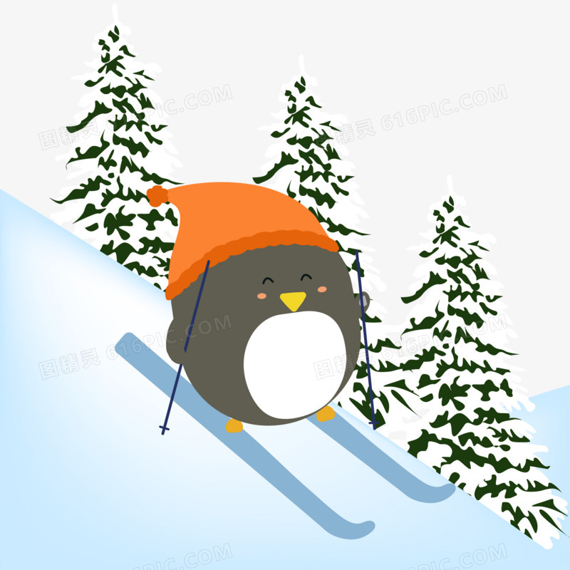 手绘卡通冬天滑雪的企鹅素材