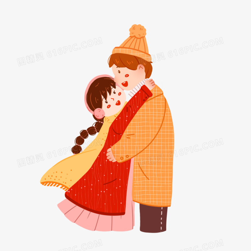 卡通冬装拥抱的情侣元素