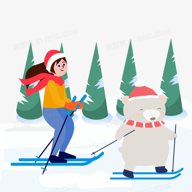 手绘卡通和冬天动物滑雪溜冰素材