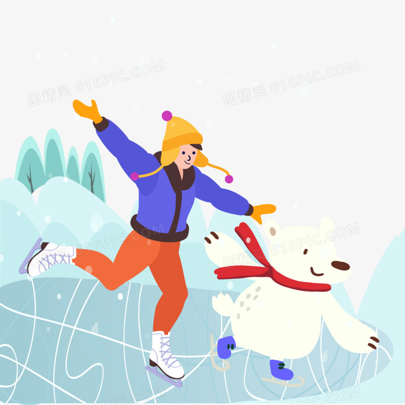手绘卡通冬天男孩和北极熊溜冰素材