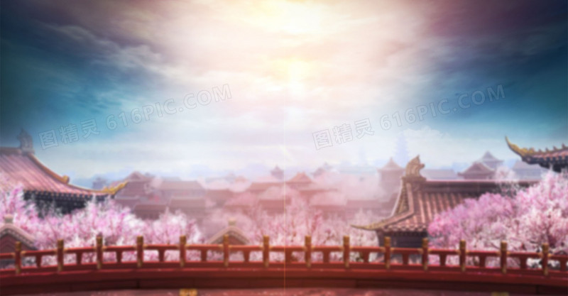 中国风卡通亭台楼阁粉色花朵海报背景