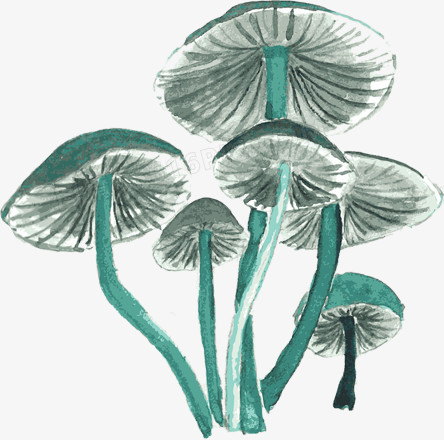 手绘创意合成水彩蓝色的蘑菇