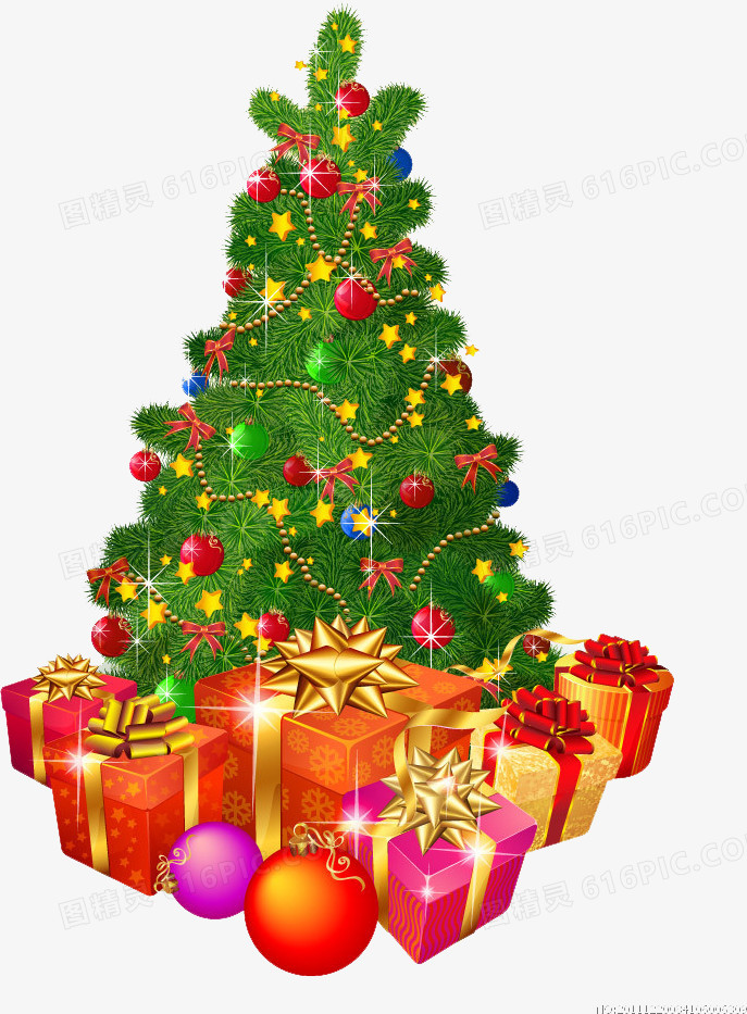 手绘合成挂满礼物的圣诞树