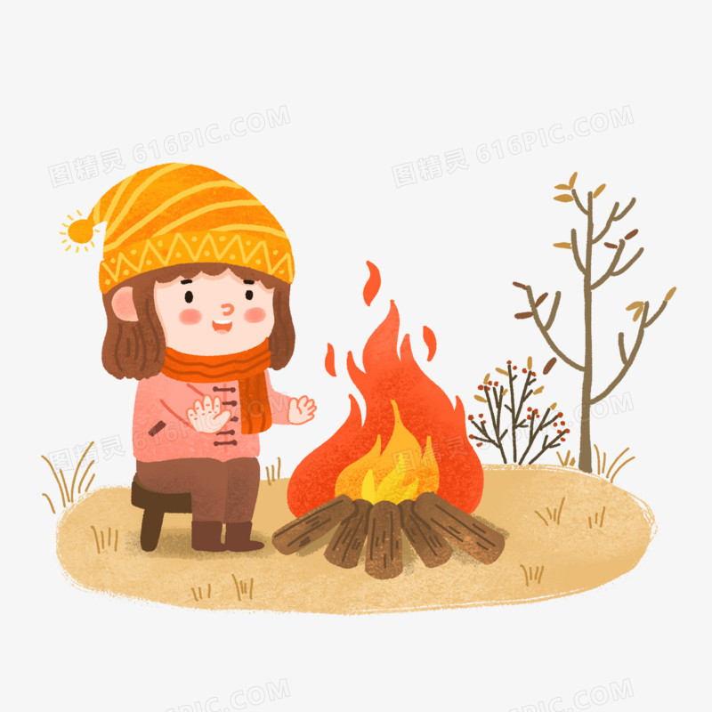 手绘卡通烤火取暖的女孩插画免抠元素