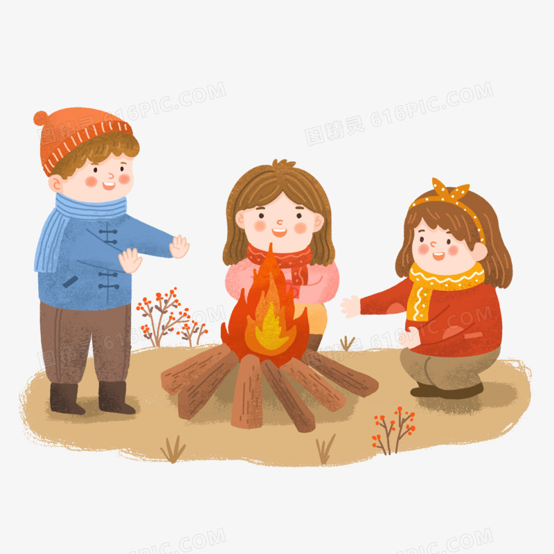手绘卡通冬季烤火取暖的人插画免抠元素