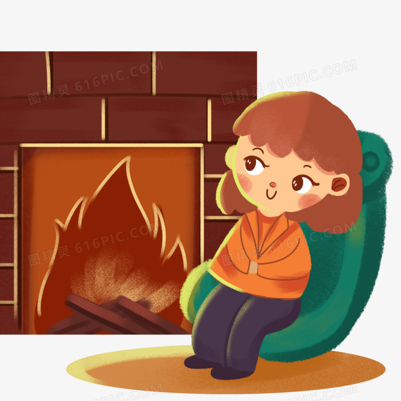 手绘冬天女孩坐在壁炉旁取暖免抠素材