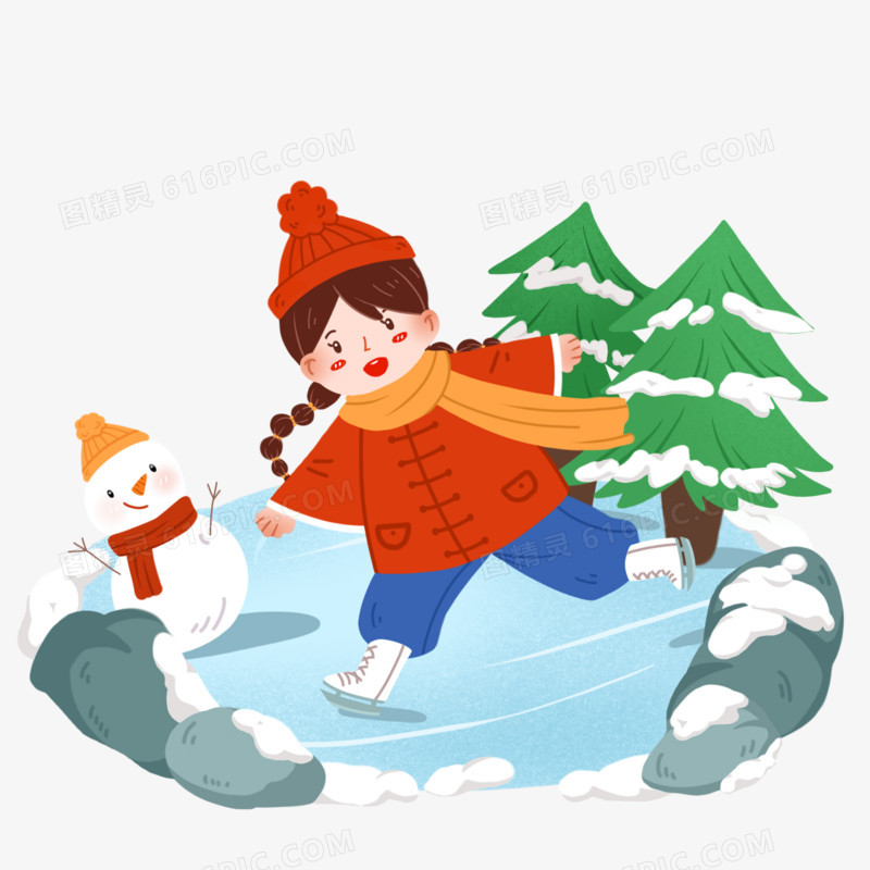 卡通可爱女孩冬季滑冰元素