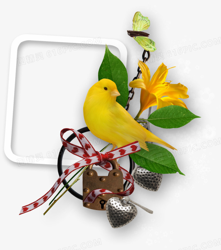 创意合成手绘边框造型黄色的小鸟花卉