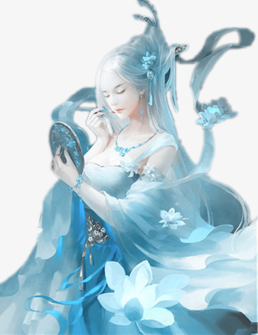 对镜梳妆的蓝衣仙女古风手绘