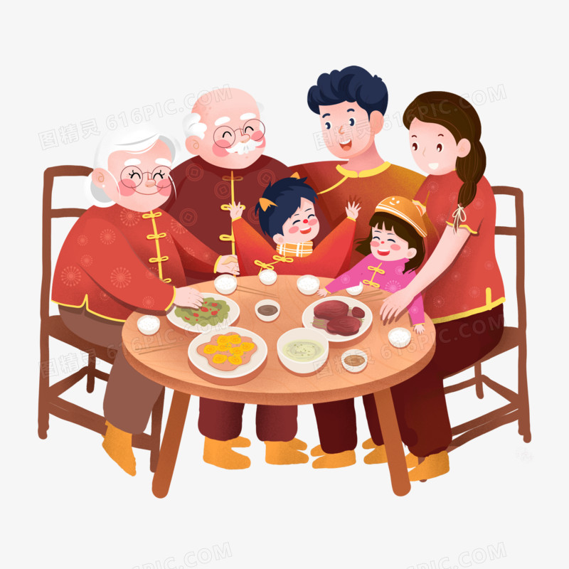 手绘卡通新年一家人聚餐吃饭素材