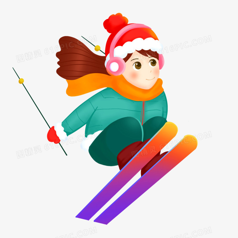 卡通治愈系滑雪的小女孩素材