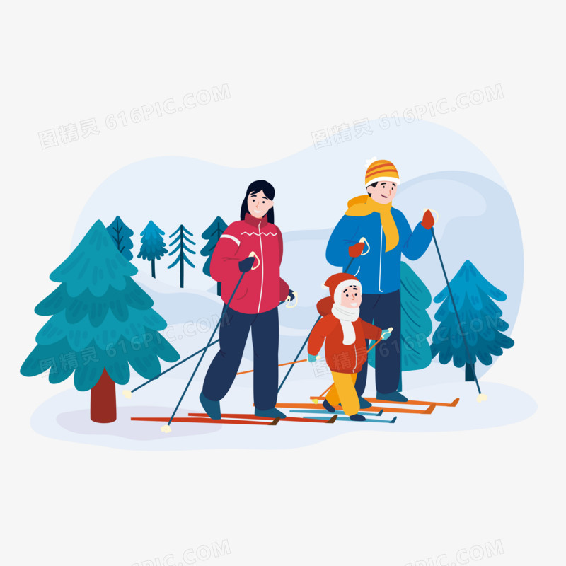 手绘卡通一家人雪地滑雪素材