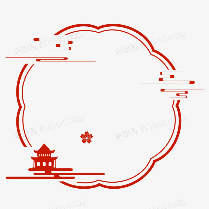 手绘中国红小楼浮云圆形国风边框素材