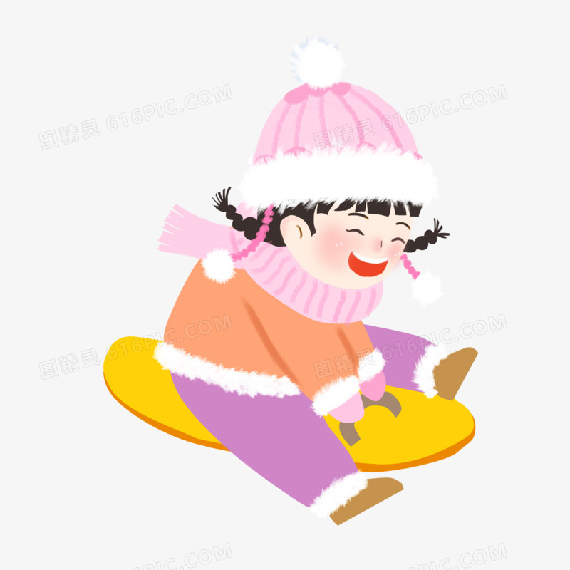 手绘卡通冬季可爱滑雪女孩素材