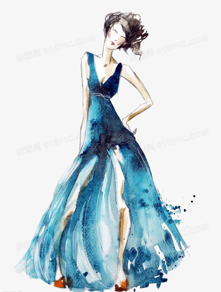 手绘水彩蓝色服装模特