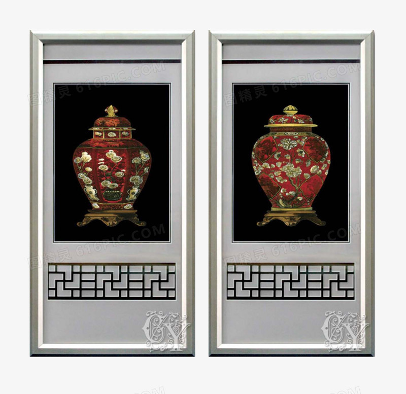 中式铝框红色彩釉花瓶装饰画