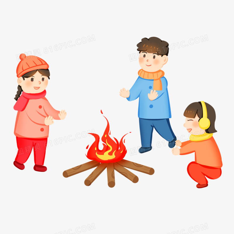 手绘卡通小伙伴围着篝火取暖免抠素材