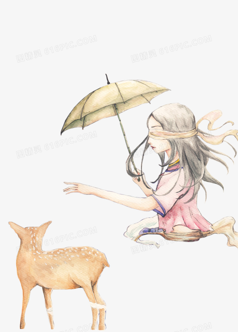 创意手绘素描合成打伞的小女孩