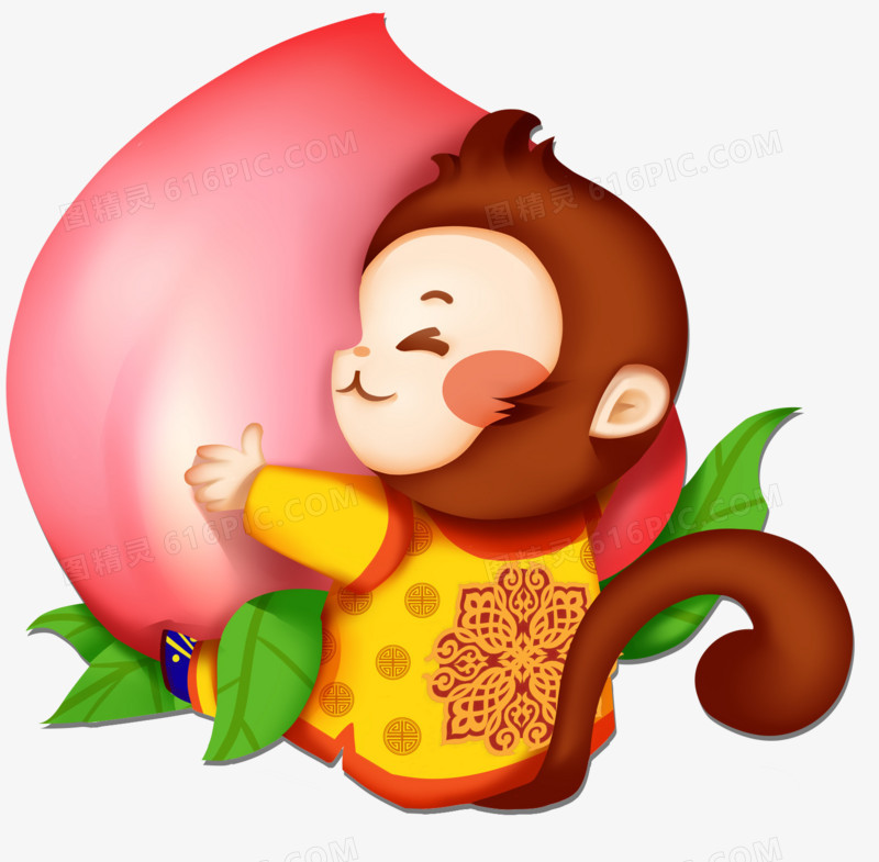 扁平风格合成红色的桃子小猴子