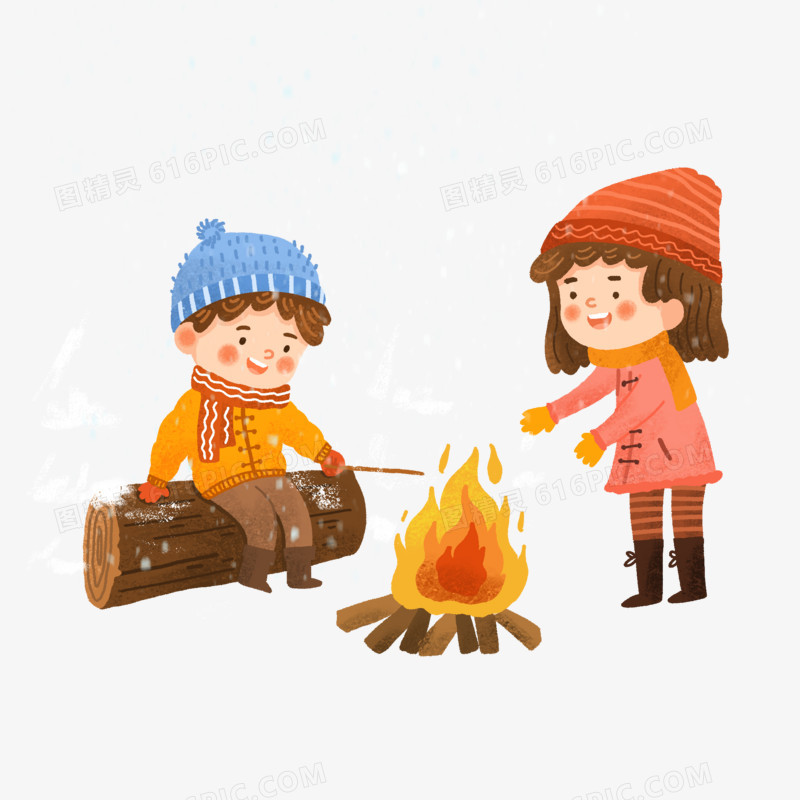 卡通手绘烤火取暖的孩子免抠素材