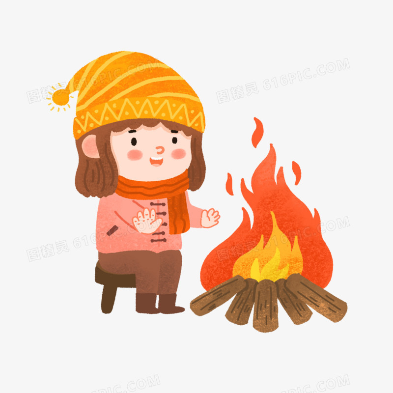 卡通手绘烤火取暖的女孩素材