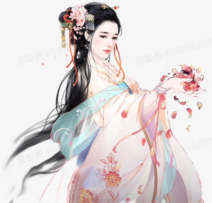 捧花美女古风手绘