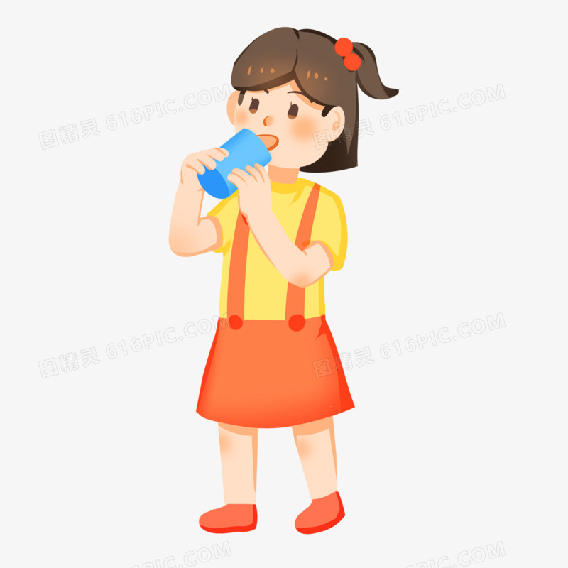 手绘卡通小女孩口渴喝水免抠素材