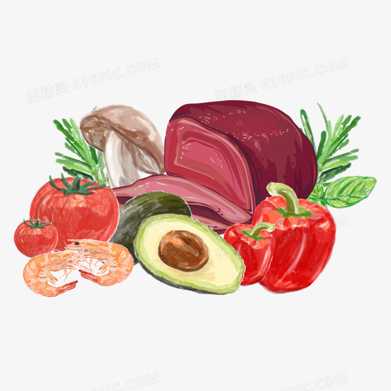 手绘插画风果蔬肉类蔬菜食材素材