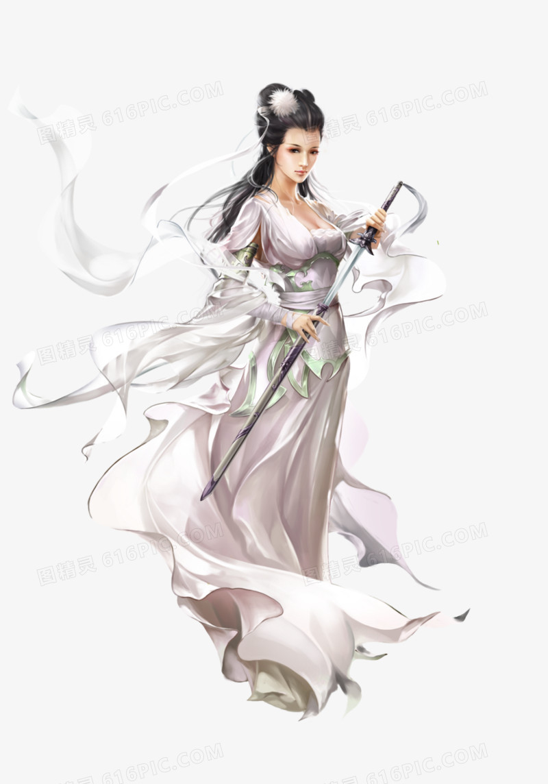 手绘创意合成白衣女子持剑