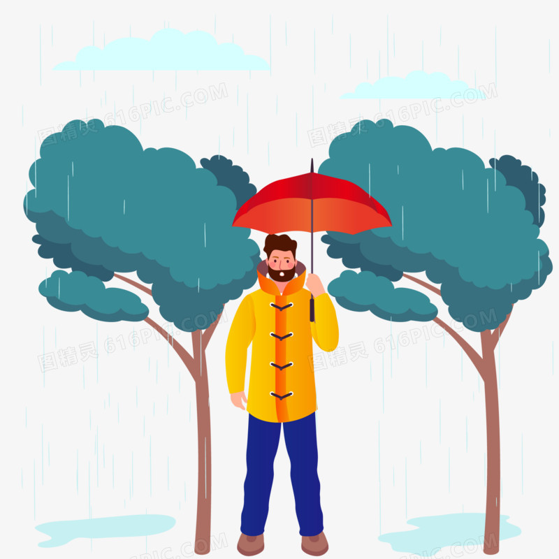 手绘卡通雨水节气打伞的男人素材