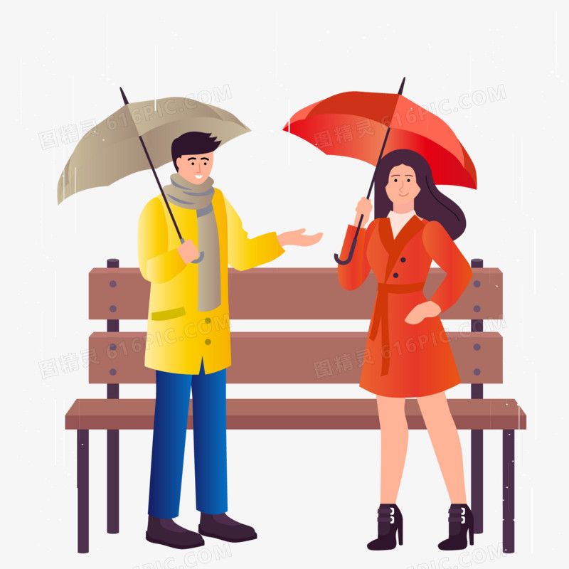 手绘卡通男生和女生打伞交谈场景素材