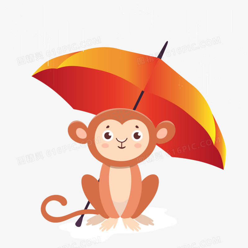 手绘卡通雨中撑伞的猴子素材