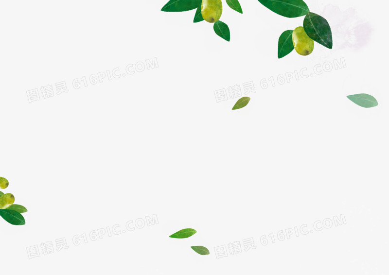 手绘绿色漂浮树叶葡萄水果