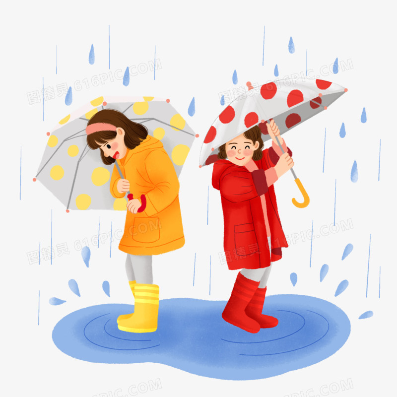 手绘插画风下雨打伞的小朋友元素