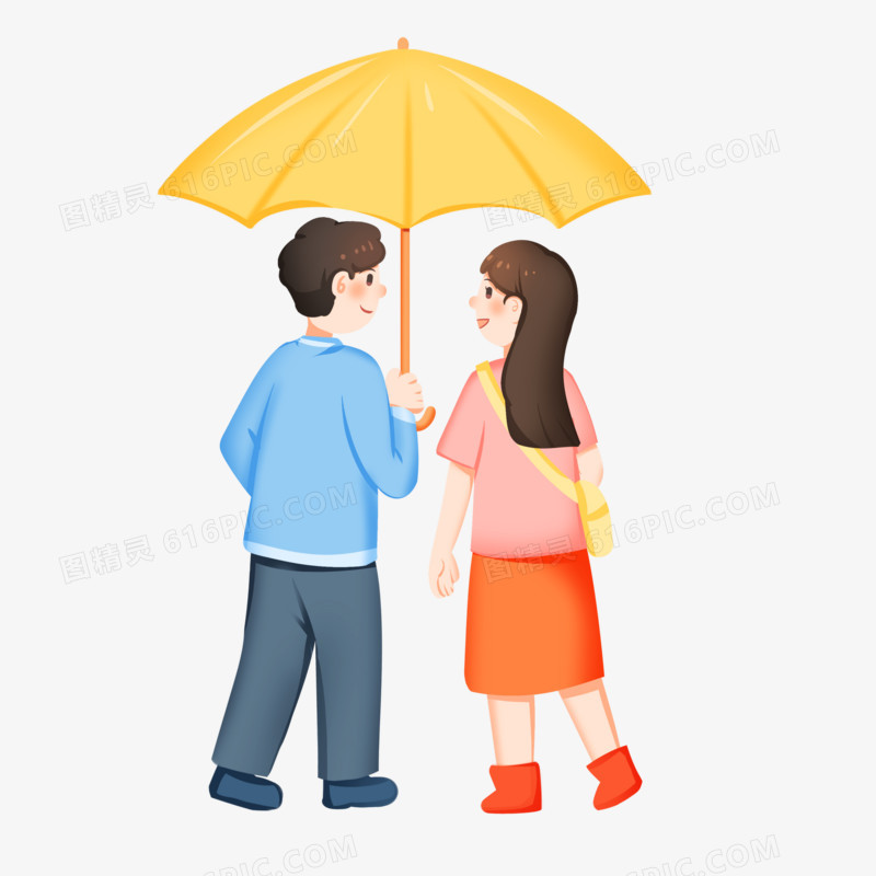卡通手绘在雨中撑伞的情侣免抠素材
