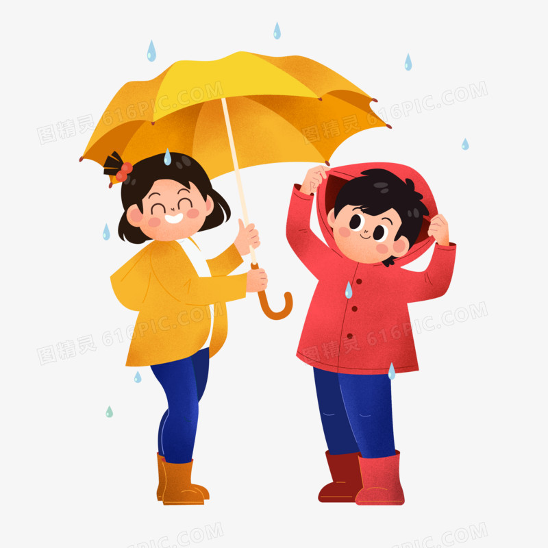 手绘卡通打伞的玩雨的小朋友免抠素材
