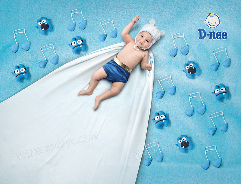 蓝色音符躺着的婴儿背景海报