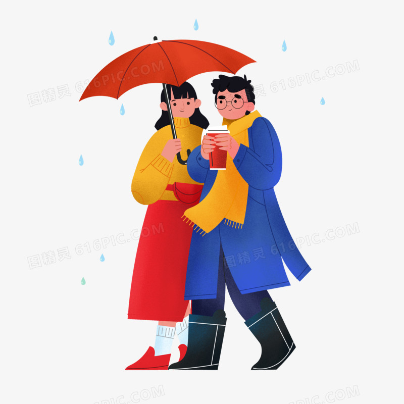 手绘卡通情侣漫步在雨中素材