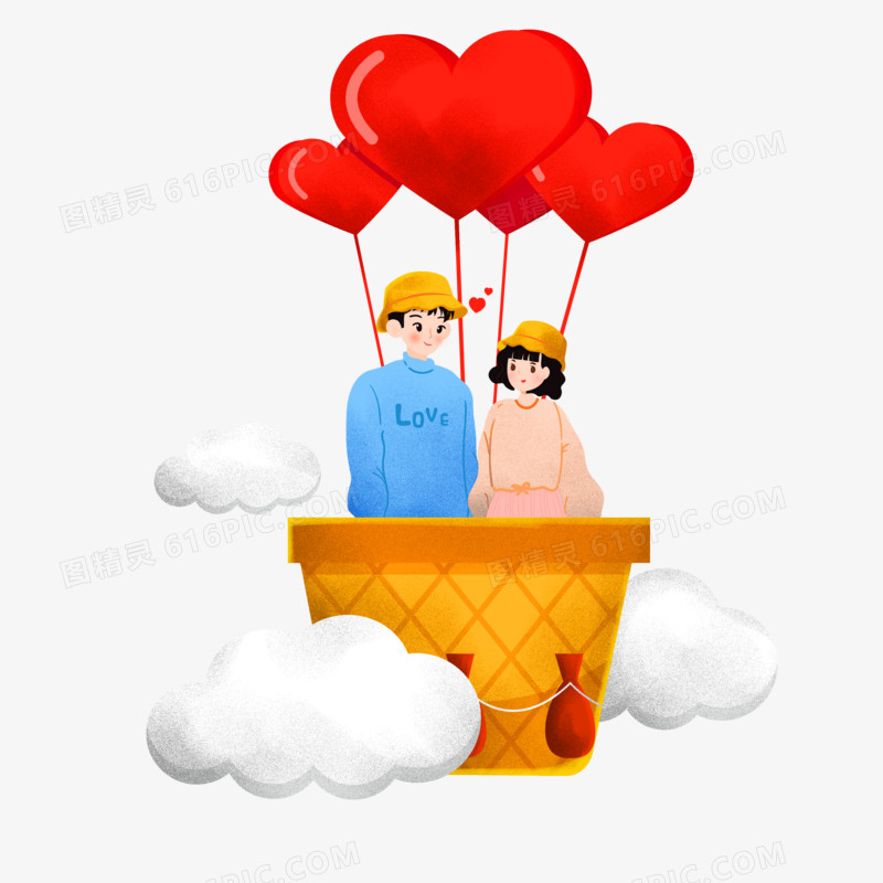 手绘卡通情侣搭乘热气球约会素材