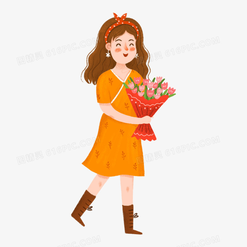 卡通手绘手抱鲜花的女人素材