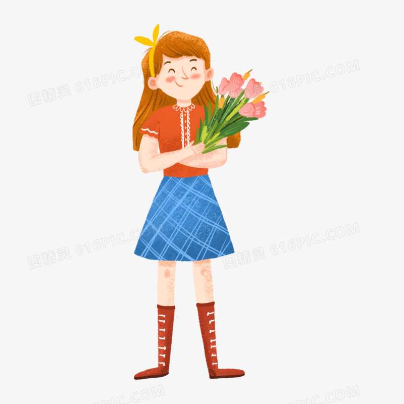 卡通手绘拿鲜花的女孩素材