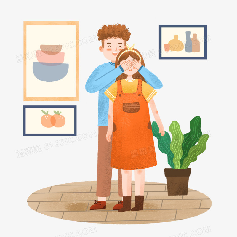 手绘卡通情侣蒙眼给惊喜场景插画免抠元素