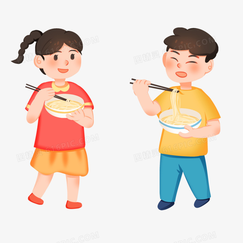 手绘卡通小孩子吃面免抠素材