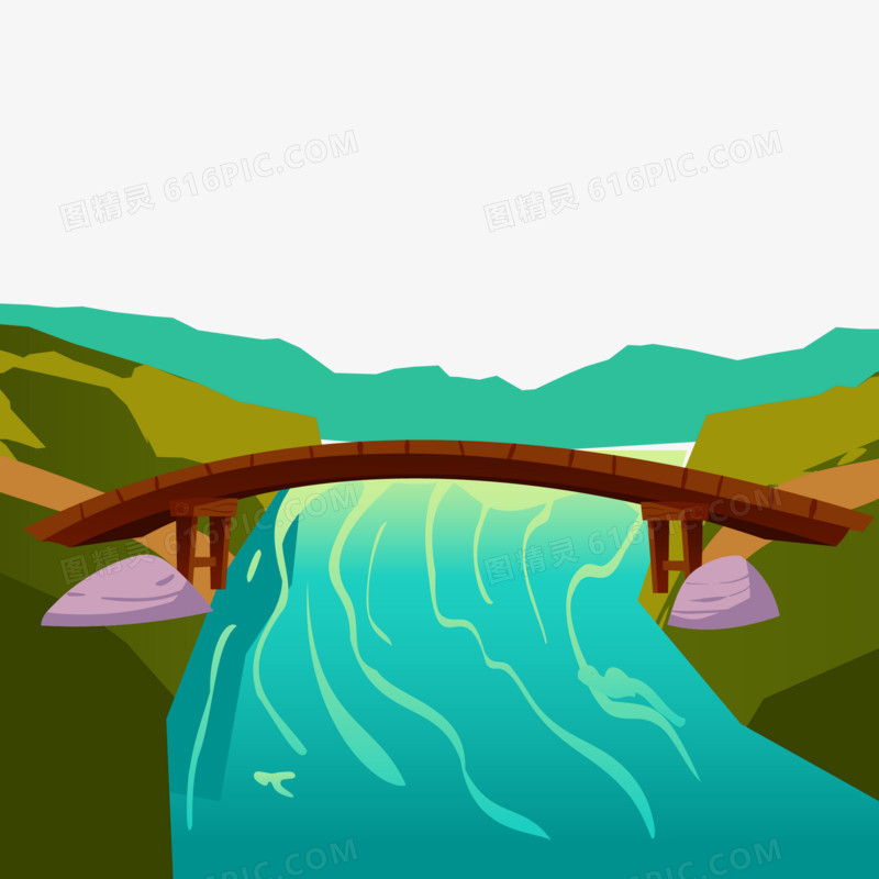 手绘卡通河流上的独木桥素材