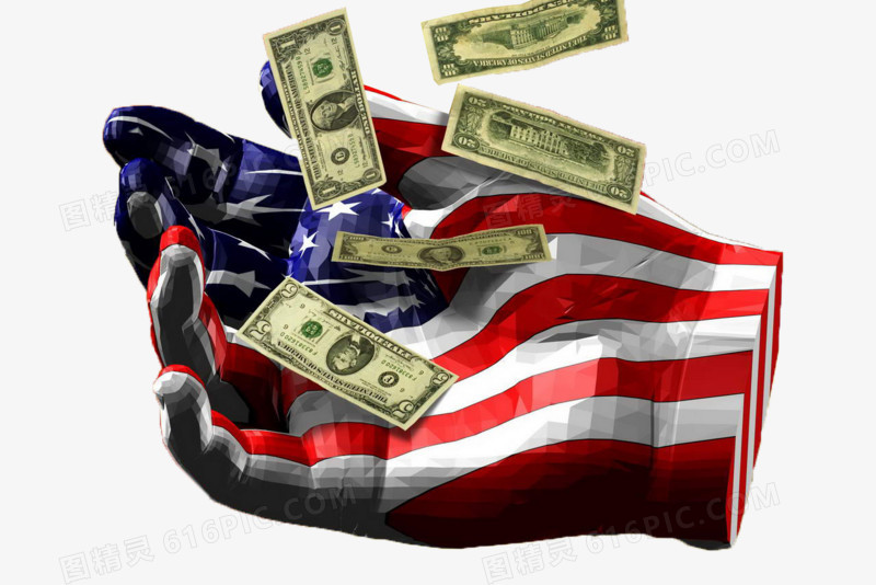 美国国旗手套和飘落的美元