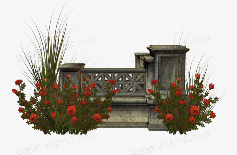 石头围墙红色花朵