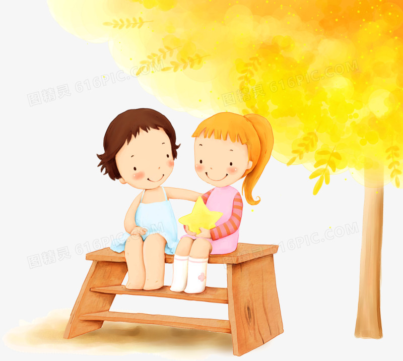 木质凳子上的卡通儿童