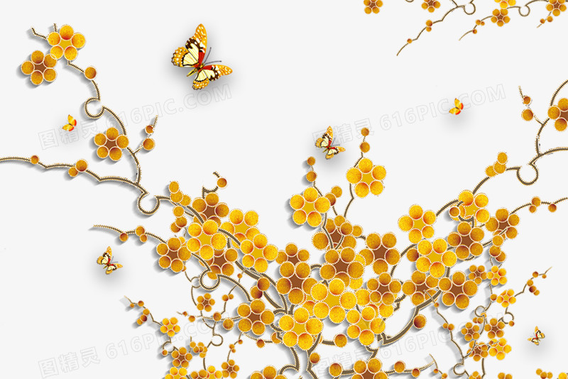 手绘黄色花朵蝴蝶树枝